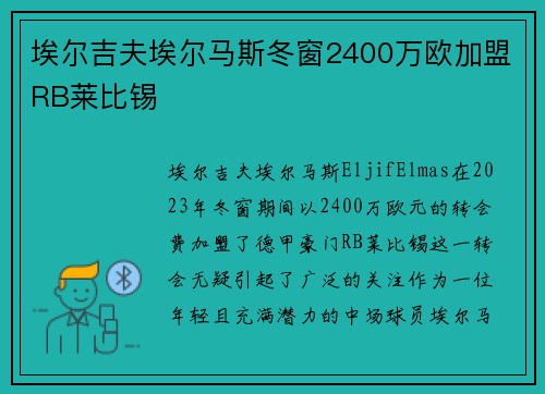 埃尔吉夫埃尔马斯冬窗2400万欧加盟RB莱比锡